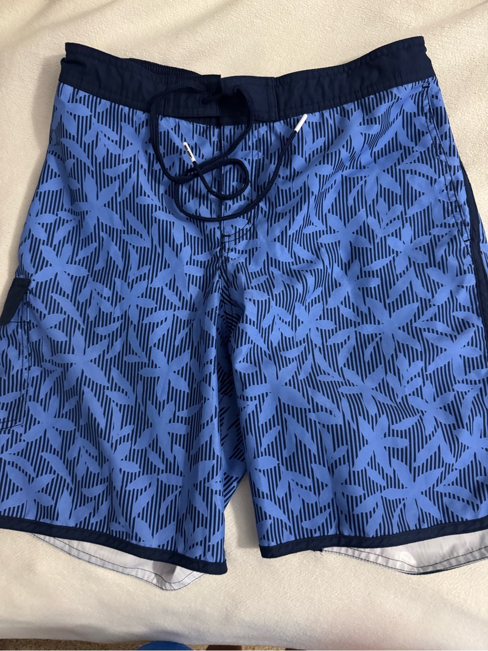 Lands' End Navy and Royal Blue Geometric Swim Trunks